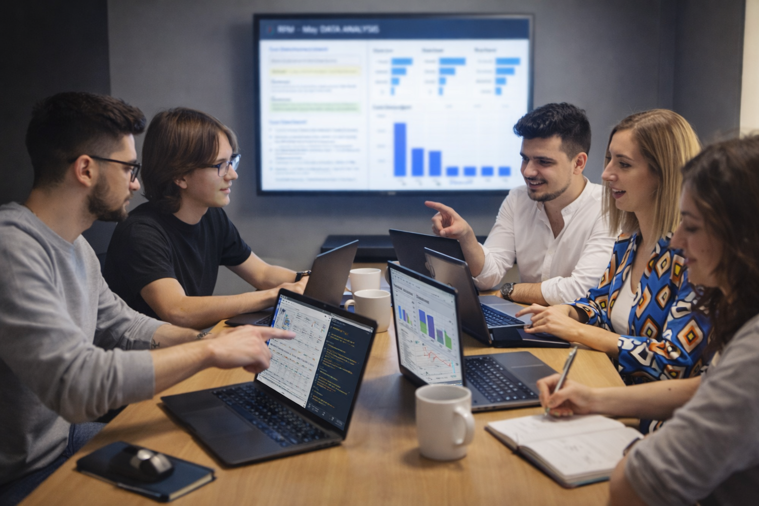 Team in the middle of a customer discovery session analyzing business requirements