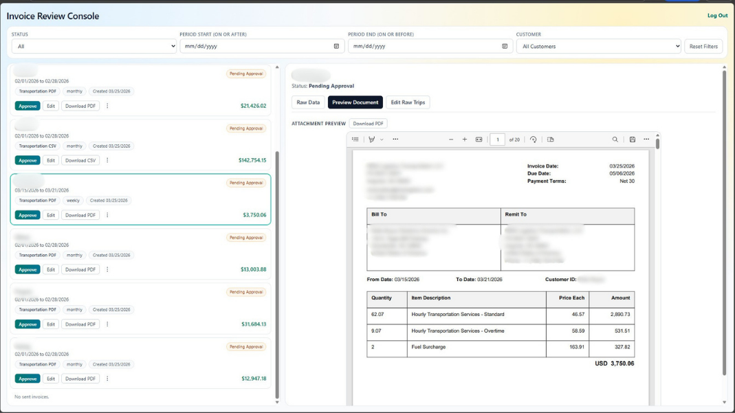 Custom web application for reviewing, previewing, and approving auto-generated invoices with PDF preview and line-item detail