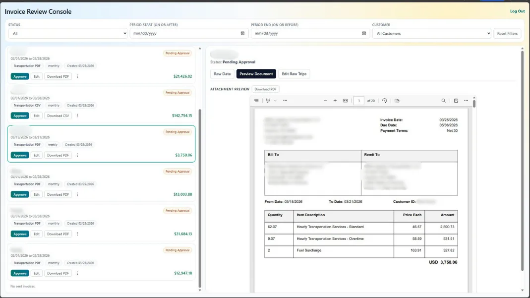 Custom web application for reviewing, previewing, and approving auto-generated invoices with PDF preview and line-item detail