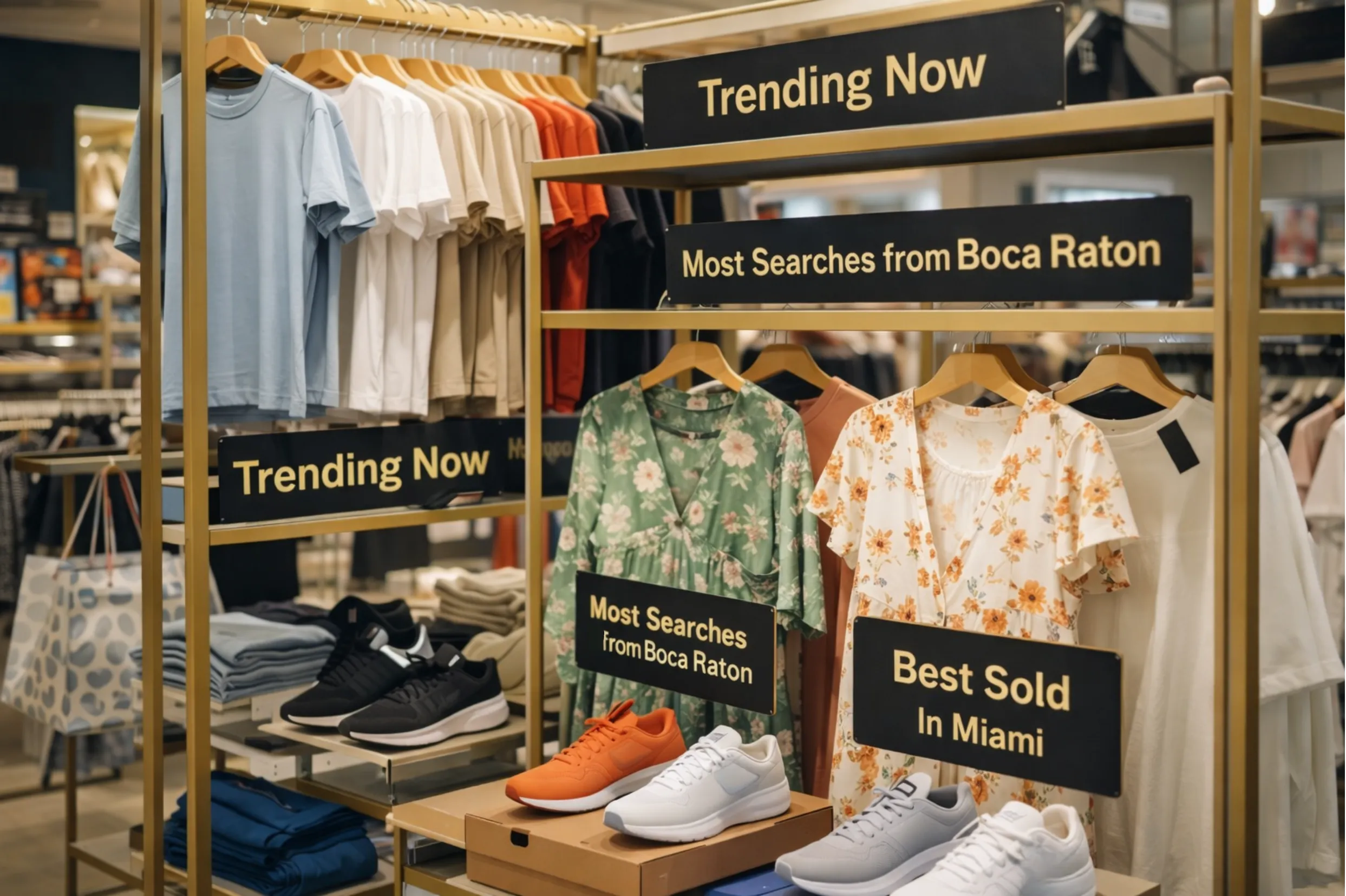 A retail display showing location-aware merchandising: product racks labeled with data-driven tags like Trending Now, Most Searches from Boca Raton, and Best Sold in Miami, illustrating how online search and sales data can drive localised in-store product placement.