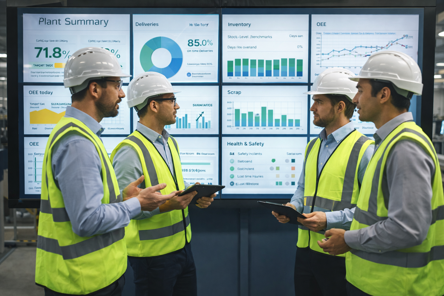 Analytics display wall that supports the tier 4 conversations with plant level metrics and KPIs