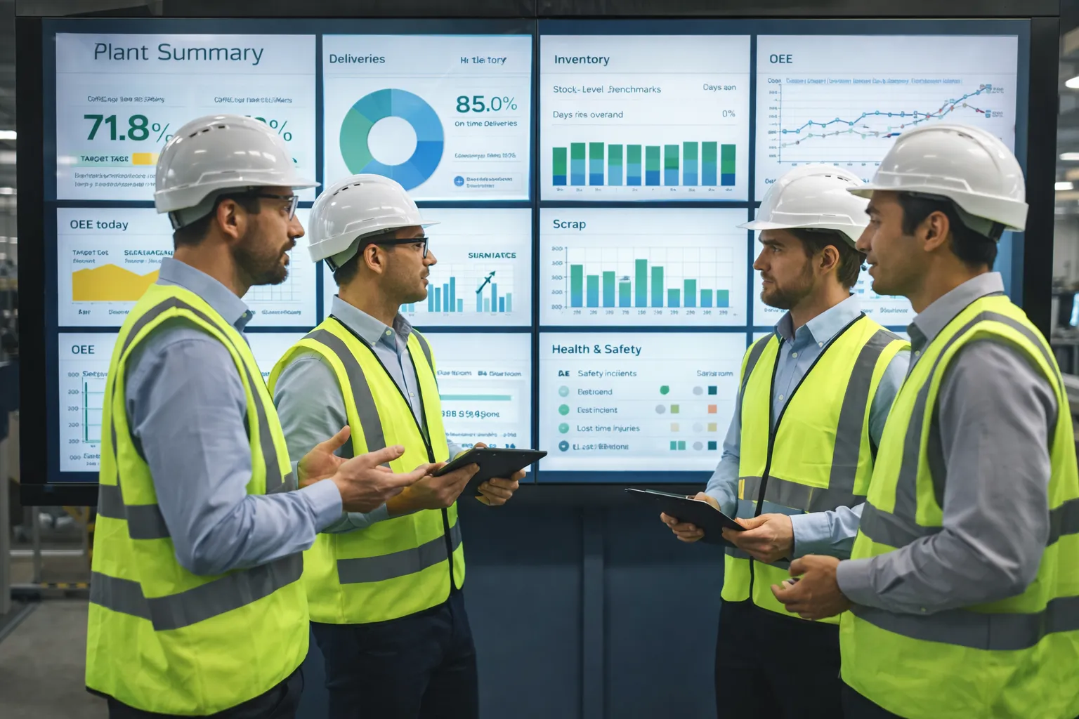 Analytics display wall that supports the tier 4 conversations with plant level metrics and KPIs