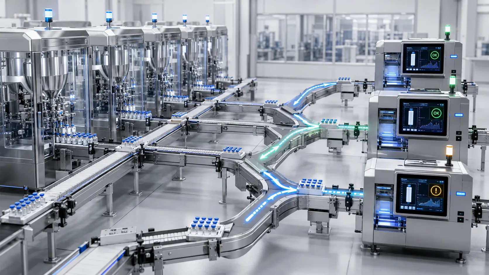 Illustrative concept visual: a pharmaceutical production line with parallel filling units feeding multiple automated checking stations, with units routed to whichever station is free.