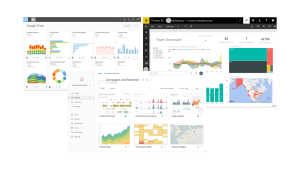 Computer screens displaying colorful graphs and analytics from Domo, Tableau, and Power BI, representing a comparison of data visualization platforms.