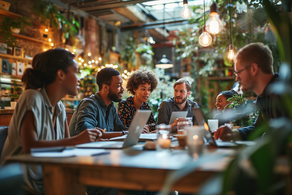 Diverse professionals collaborating around a meeting table in a well-lit room, highlighting data analytics for digital marketing.