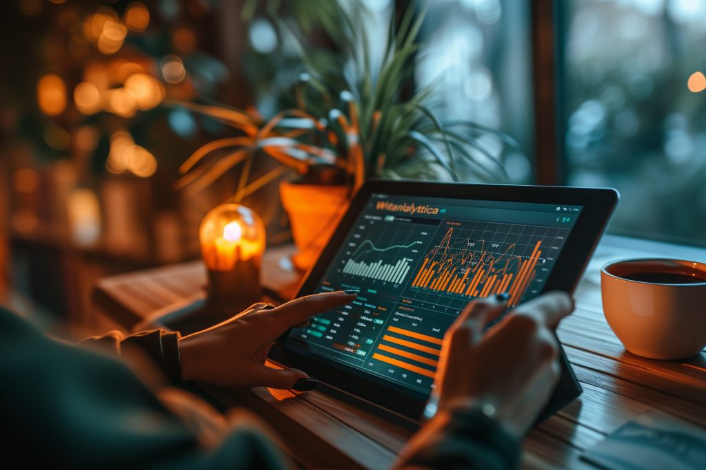 A digital tablet displaying colorful charts and analytics graphs on its screen, situated on a cafe table with blurred lights in the background, representing data analytics for internet marketplaces in action