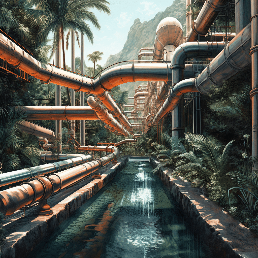 A high-resolution, hyper-realistic octane rendered image showcasing intertwining oil pipelines in an oasis setting with a waterfall, displaying a warm, industrial-chic coffee shop aesthetic.