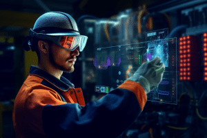 Field technician inspecting a faulty pipeline using a holographic data analytics dashboard via mixed reality glasses.
