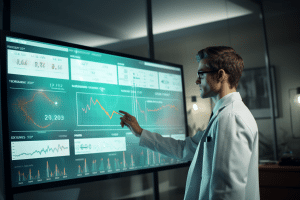 Doctor in a modern office reviewing patient health data analytics on a large TV screen.