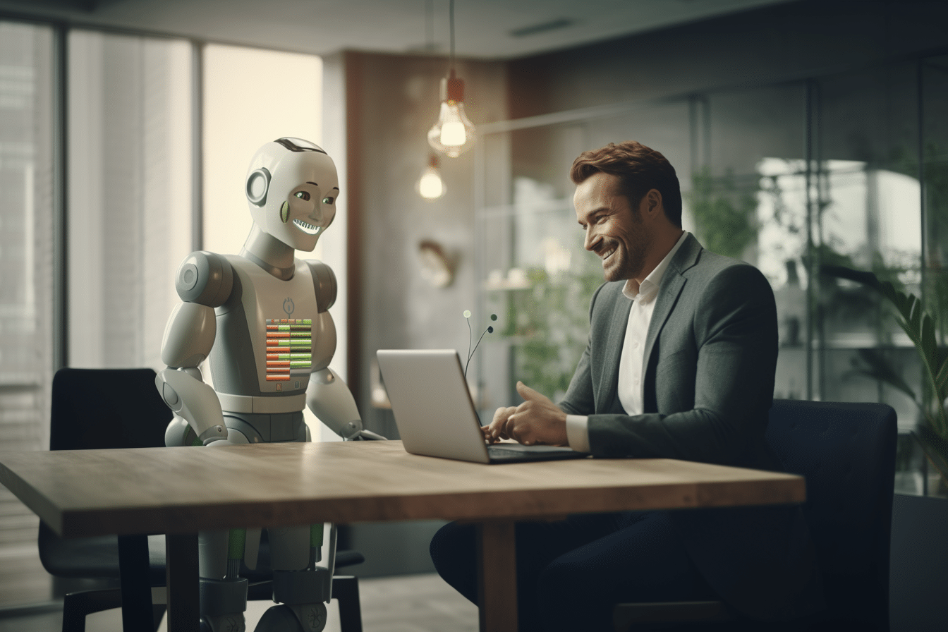 Hyper-realistic image of a humanoid robot, sitting with a human at a sleek table in a modern, light-filled office, engaging in data analytics consultation with charts displayed on a laptop.
