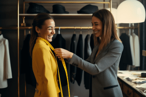 A skilled tailor measuring the shoulders of a smiling woman wearing a jacket in a luxurious shop, filled with natural light.