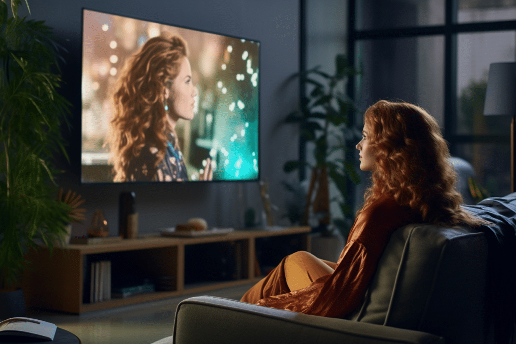 Woman watching personalized commercial, showcasing a happier version of herself with new clothes.