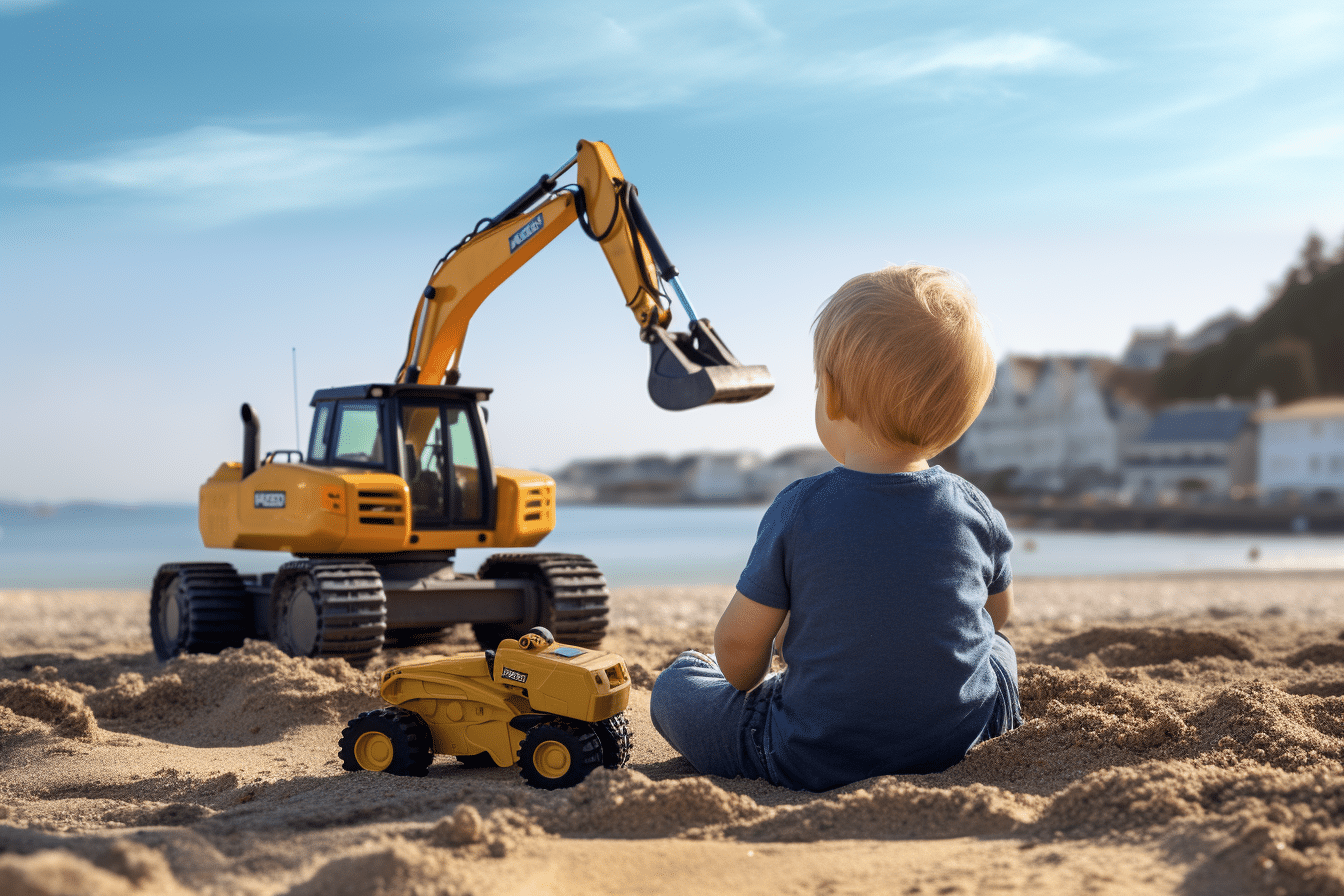 A toddler sitting on a sandy beach gazes longingly at a large, professional excavator, while ignoring a smaller toy excavator beside them.