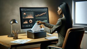 A black female business professional is shredding an Excel document while pointing at a modern data analytics dashboard on her computer screen in an office.