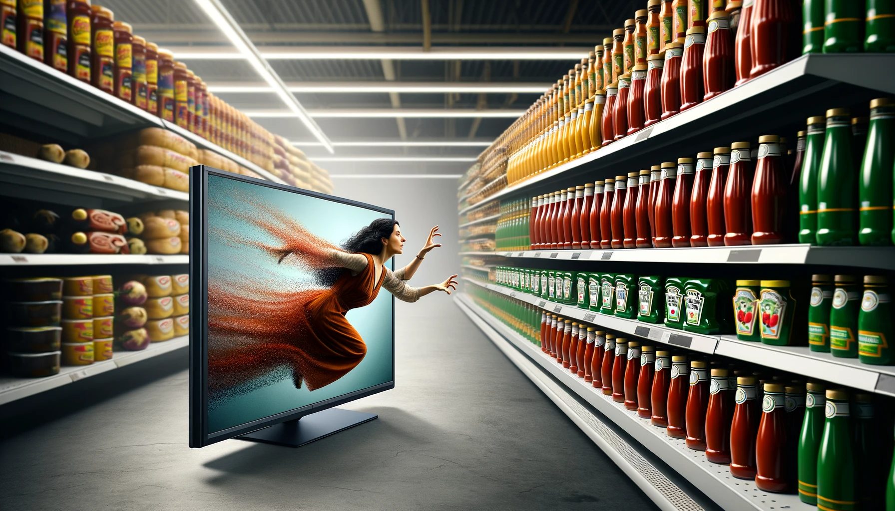 Retail Analytics - A woman in an orange dress reaches out from a large flat-screen television, set between supermarket shelves, towards a bottle of ketchup, visually symbolizing the use of online data for enhancing the physical retail experience.