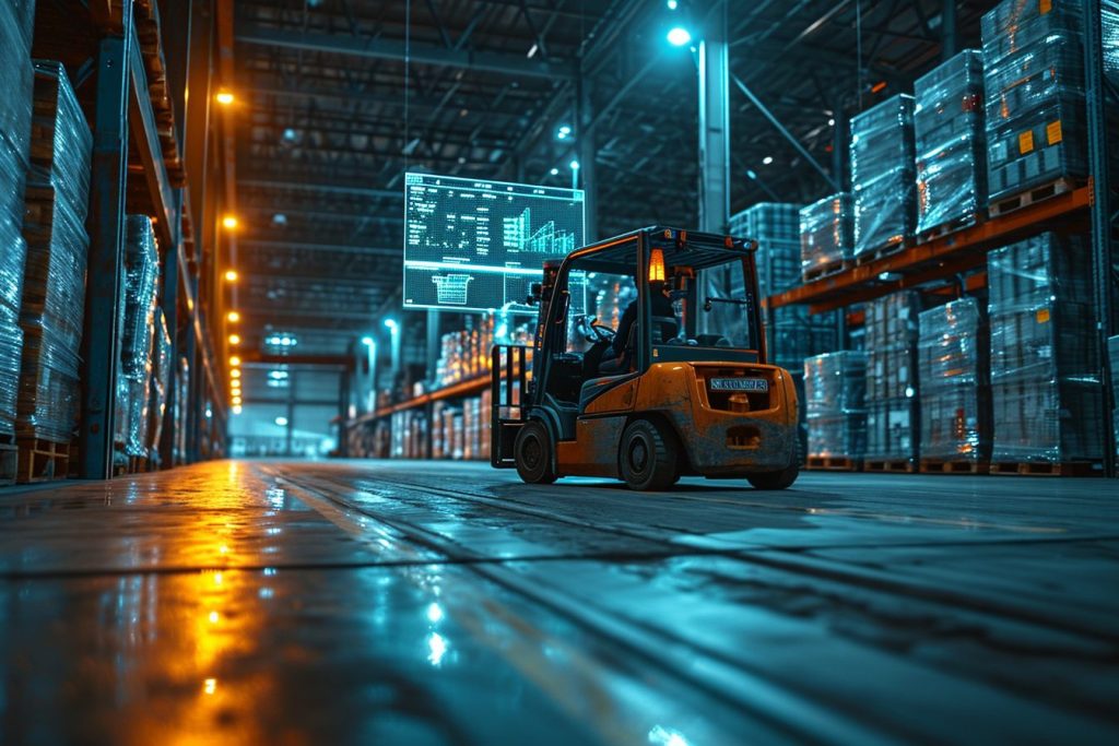 A forklift operator in a warehouse navigates past shelves stocked with goods, while a holographic display shows supply chain data analytics in the background