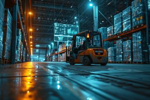 A forklift operator in a warehouse navigates past shelves stocked with goods, while a holographic display shows supply chain data analytics in the background