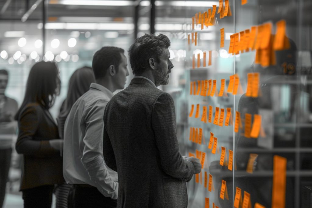 Business analysis strategic meeting, evaluating workflow improvements with a glass wall covered in sticky notes.