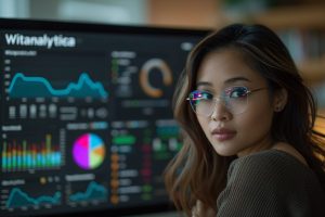 An Asian business woman working on a computer in a modern office, with charts and reports on the screen, and subtle icons of a web app and a BI tool in the background