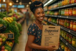 A joyful shopper holding a 'Suggested For You' shopping list in a grocery store, symbolizing the personalized touch of recommendation systems