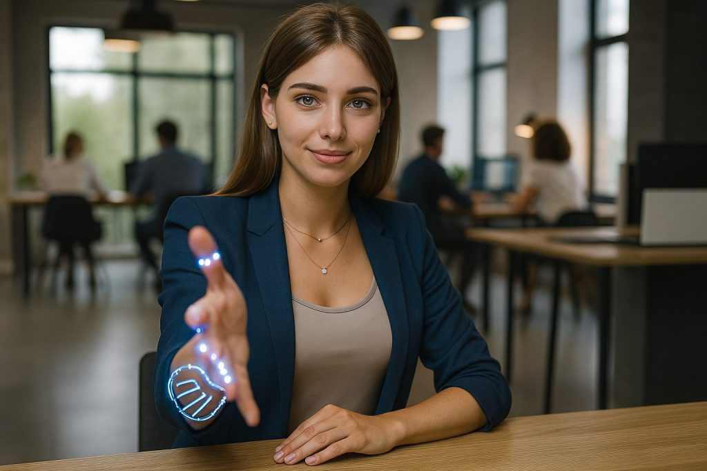 A professional female salesperson sitting at her office desk, extending her hand for a handshake. She has a subtle, warm smile and wears a discreet digital necklace, hinting at a non-human aspect.