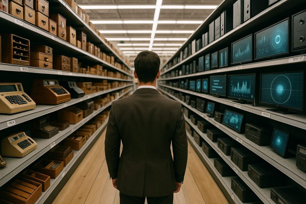 Business person stands between contrasting aisles in an electronics store, with old calculators and cash boxes on the left in sandy brown tones, and advanced computers, servers, and high-tech dashboards on the right in dark slate gray and Persian green.