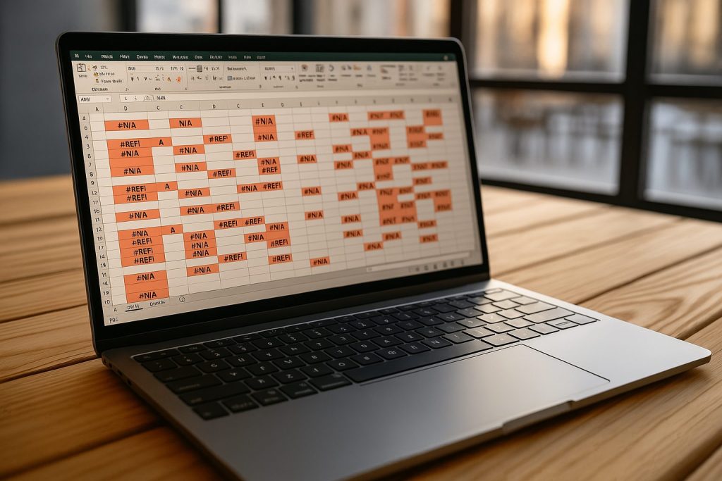 Slick laptop showing error-filled Excel spreadsheet, painted in shades of orange and sandy brown, illustrating the pitfalls of manual data reporting.