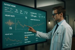 Doctor in a modern office reviewing patient health data analytics on a large TV screen.