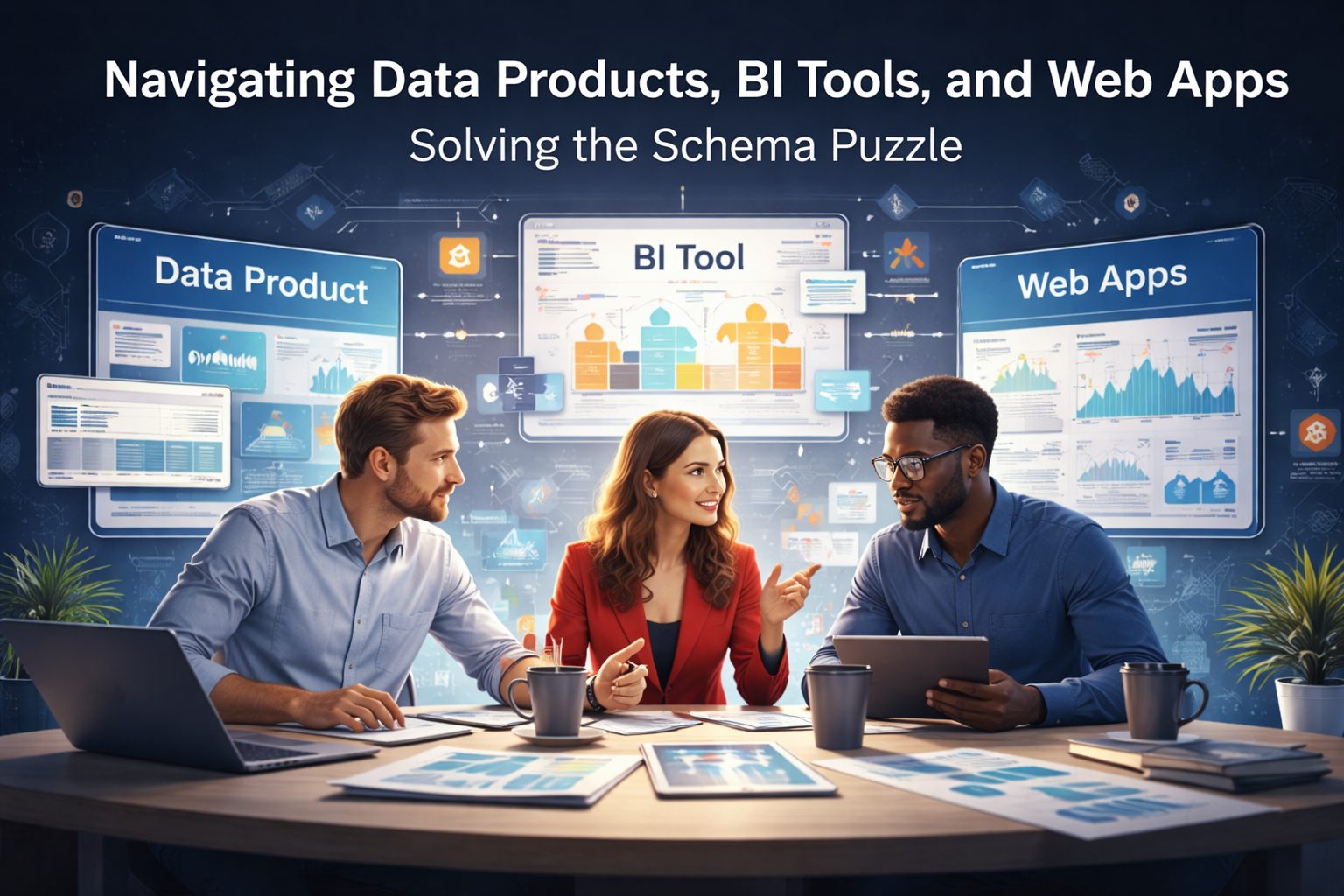 Three professionals discussing dashboards representing data products, BI tools, and web applications connected through predefined schemas and analytics models.
